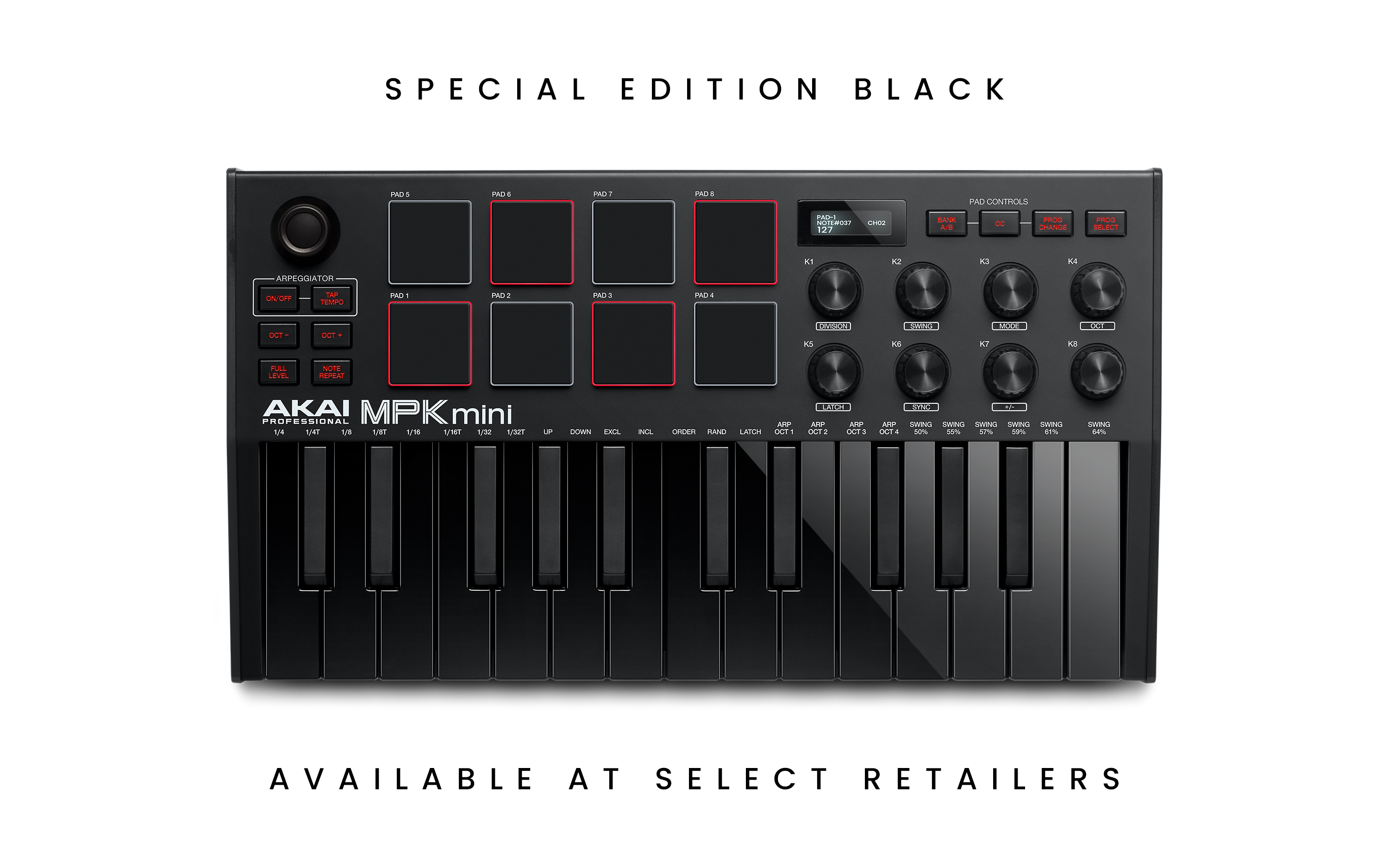 Vista de arriba hacia abajo del controlador MPK Mini MIDI en Special Edition Black