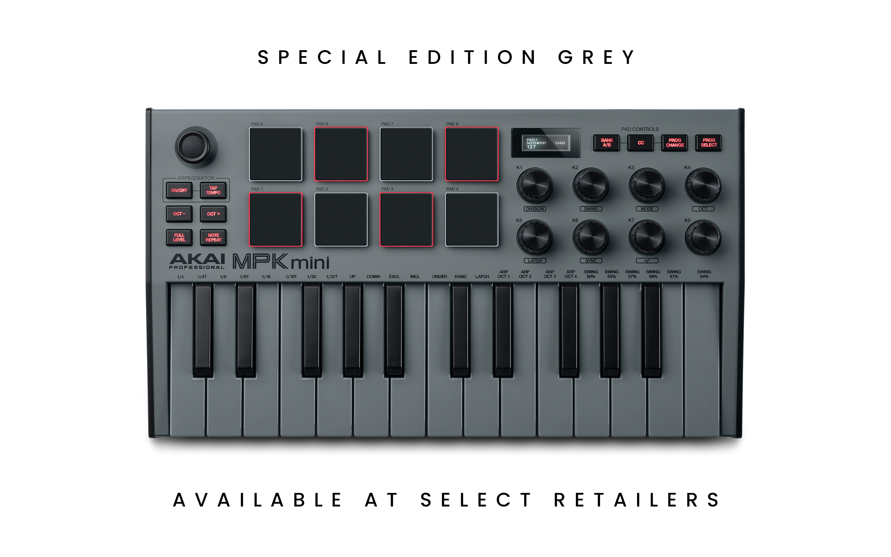 Top down view of MPK Mini MIDI Controller in Special Edition Grey