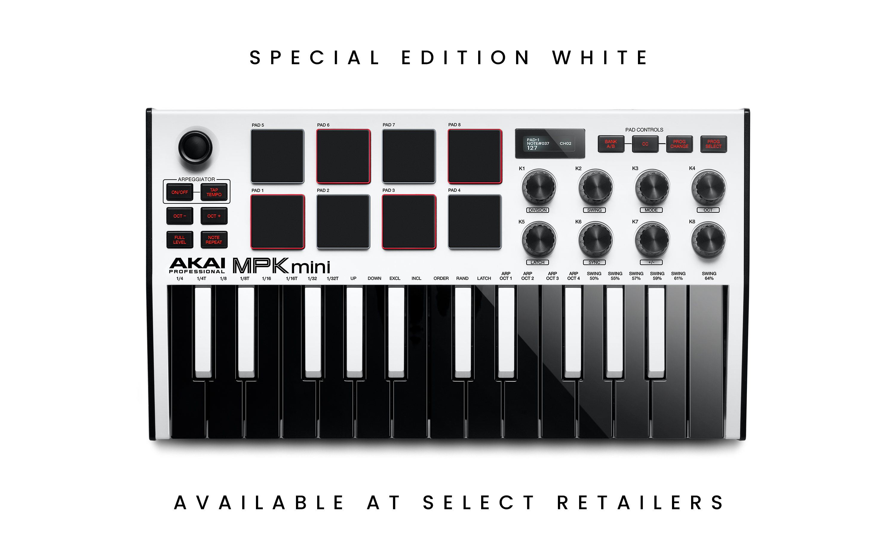 Vista de arriba hacia abajo del controlador MPK Mini MIDI en Special Edition White