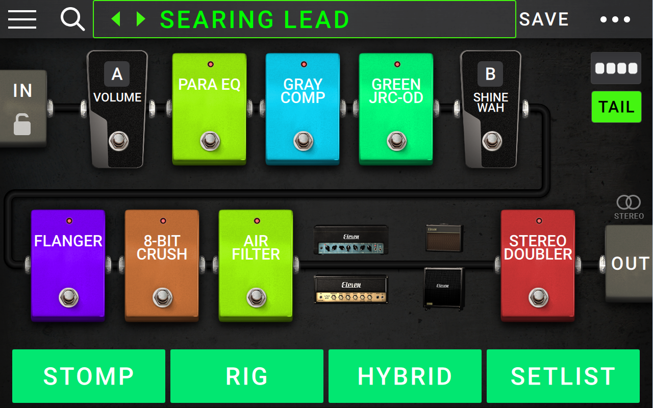 Pedal Modes screen displaying Stomp, Rig, Hybrid, Setlist Modes